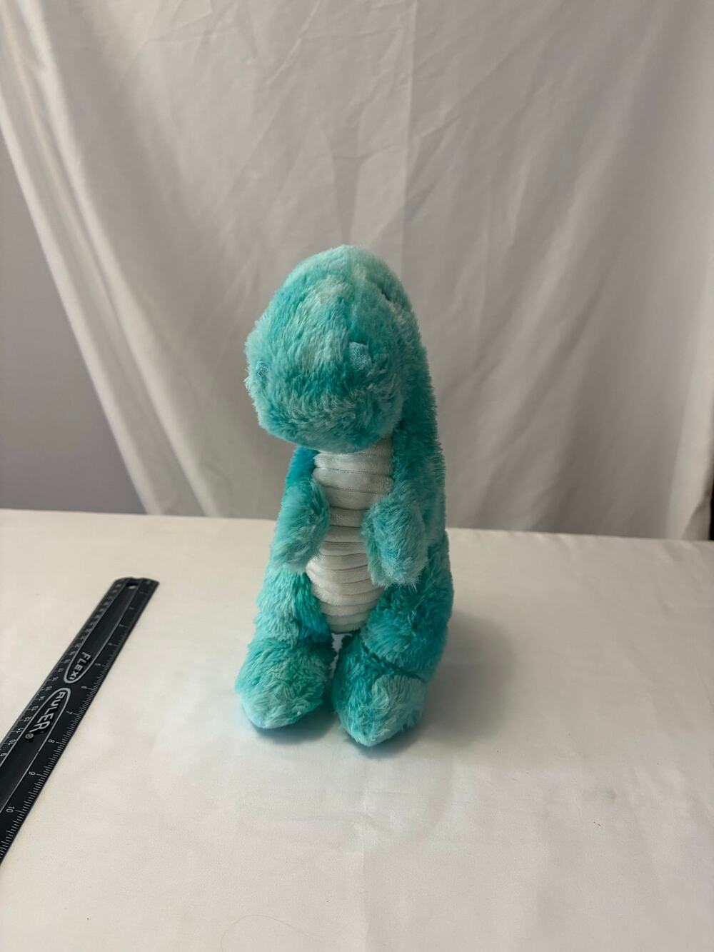 Teal Blue Fluffy T-Rex Dinosaur Plush 10" White Ribbed Belly